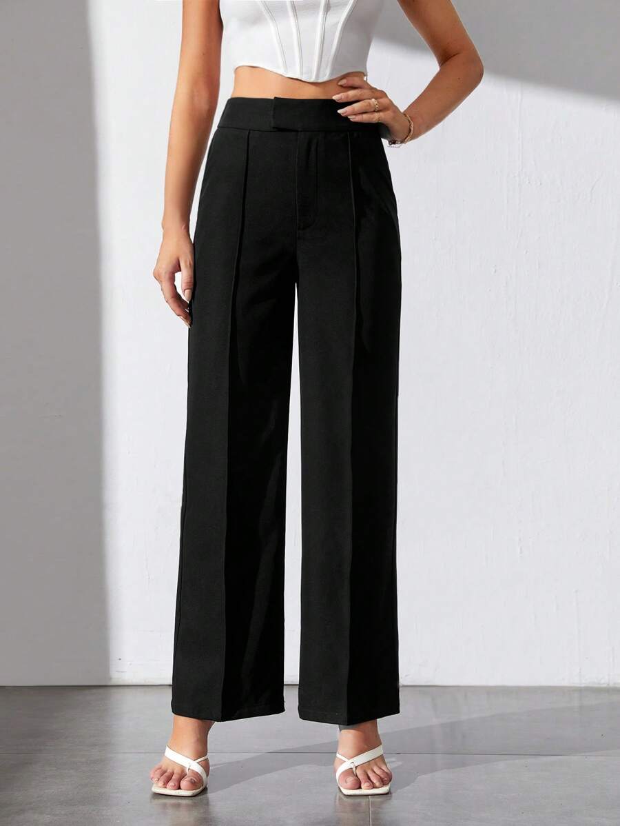 SHEIN Tall Chất rắn Cao eo quần ống rộng Quần tây - màu đen - Xem 1