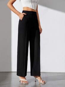 SHEIN Tall Chất rắn Cao eo quần ống rộng Quần tây - màu đen - Xem 4