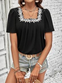 SHEIN LUNE Áo thun nữ Đề can Tương phản ren Hoa Giải trí - màu đen - Xem 1