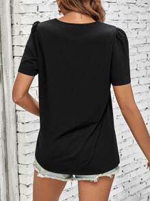 SHEIN LUNE Áo thun nữ Đề can Tương phản ren Hoa Giải trí - màu đen - Xem 2