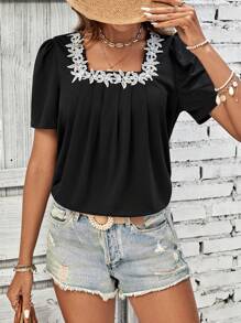 SHEIN LUNE Áo thun nữ Đề can Tương phản ren Hoa Giải trí - màu đen - Xem 3