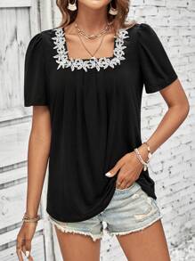 SHEIN LUNE Áo thun nữ Đề can Tương phản ren Hoa Giải trí - màu đen - Xem 5