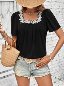 SHEIN LUNE Áo thun nữ Đề can Tương phản ren Hoa Giải trí - màu đen - Xem 6