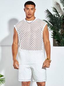 Manfinity RebelGame Men Cotton Hollow Out Tank Top & Drawstring Waist Shorts - White - View 1