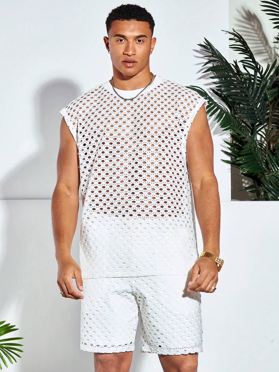 Manfinity RebelGame Men Cotton Hollow Out Tank Top & Drawstring Waist Shorts - White - View 1
