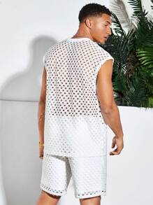Manfinity RebelGame Men Cotton Hollow Out Tank Top & Drawstring Waist Shorts - White - View 2