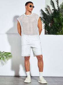 Manfinity RebelGame Men Cotton Hollow Out Tank Top & Drawstring Waist Shorts - White - View 3