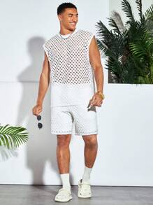 Manfinity RebelGame Men Cotton Hollow Out Tank Top & Drawstring Waist Shorts - White - View 5