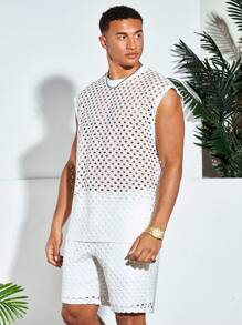 Manfinity RebelGame Men Cotton Hollow Out Tank Top & Drawstring Waist Shorts - White - View 6