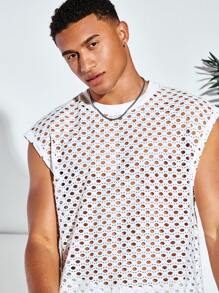 Manfinity RebelGame Men Cotton Hollow Out Tank Top & Drawstring Waist Shorts - White - View 8