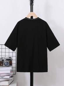 SHEIN Leap Crew Tween Boy Gothic Style Text Print Crew Neck Oversized Knit Pullover T-Shirt, Casual - Black - View 2