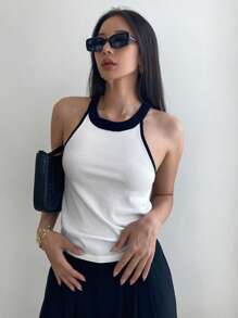 DAZY Tương phản ràng buộc Dây Knit ngọn - Đen và trắng - Xem 1