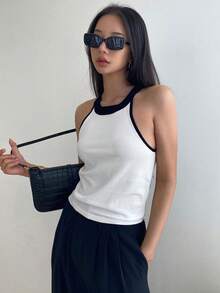 DAZY Tương phản ràng buộc Dây Knit ngọn - Đen và trắng - Xem 3