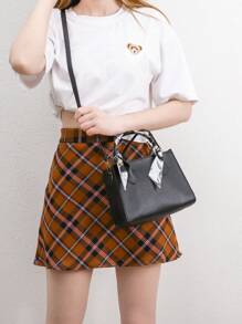 1pc Geometric Pattern Pu Material Zipper Closure Casual Tote Bag For Vacation Style, Autumn - Black - View 1