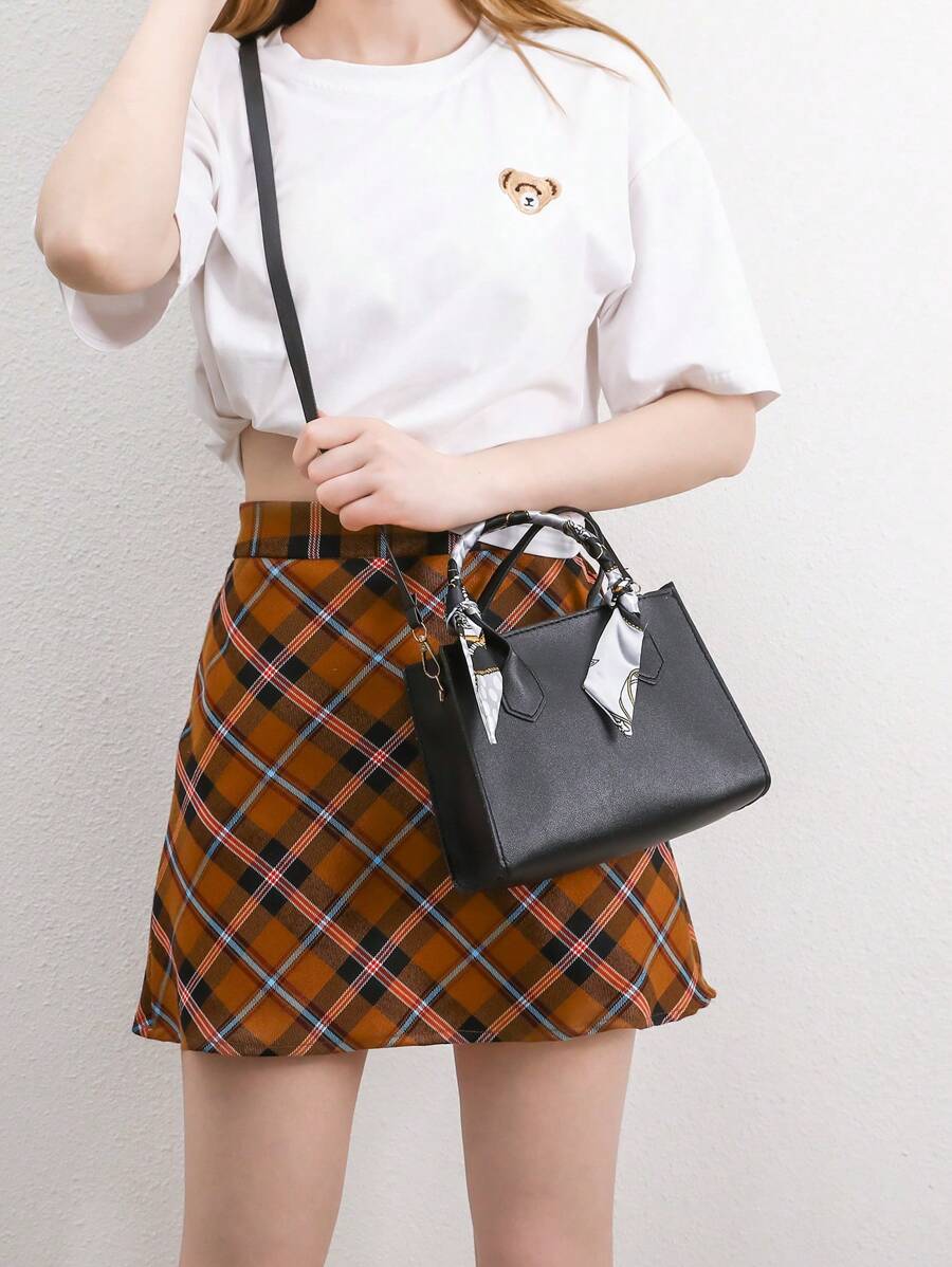 1pc Geometric Pattern Pu Material Zipper Closure Casual Tote Bag For Vacation Style, Autumn - Black - View 1