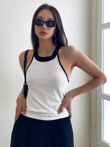 DAZY Tương phản ràng buộc Dây Knit ngọn - Đen và trắng - Xem 4