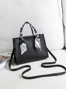 1pc Geometric Pattern Pu Material Zipper Closure Casual Tote Bag For Vacation Style, Autumn - Black - View 4