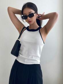 DAZY Tương phản ràng buộc Dây Knit ngọn - Đen và trắng - Xem 6