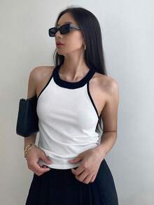 DAZY Tương phản ràng buộc Dây Knit ngọn - Đen và trắng - Xem 8