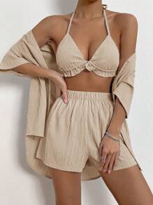 Breezaya Bộ đồ hai mảnh nữ viền lá sen Lộ Lưng Buộc lại màu trơn Giải trí - Màu be - Xem 1