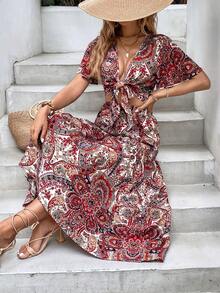 SHEIN Frenchy con estampado de paisley con nudo delantero Top crop & bajo con fruncido Falda - Multicolor - Ver 4