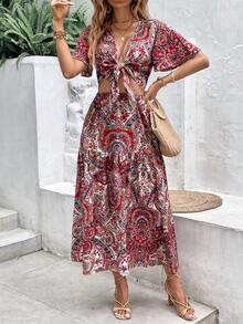 SHEIN Frenchy con estampado de paisley con nudo delantero Top crop & bajo con fruncido Falda - Multicolor - Ver 6