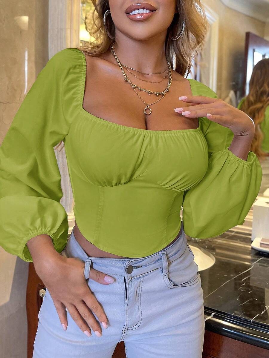 SHEIN Clasi Áo sơ mi nữ Dải chun Nếp gấp Phần Ngực màu trơn Giải trí - màu xanh lá - Xem 1