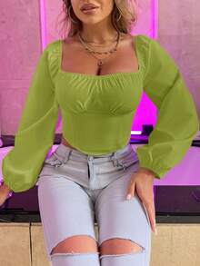 SHEIN Clasi Áo sơ mi nữ Dải chun Nếp gấp Phần Ngực màu trơn Giải trí - màu xanh lá - Xem 5