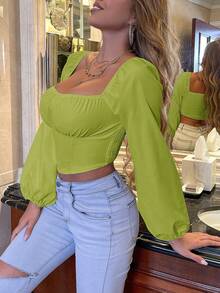 SHEIN Clasi Áo sơ mi nữ Dải chun Nếp gấp Phần Ngực màu trơn Giải trí - màu xanh lá - Xem 6