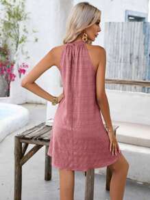SHEIN VCAY Solid Halter Neck Dress - Baby Pink - View 2