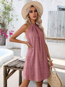 SHEIN VCAY Solid Halter Neck Dress - Baby Pink - View 6
