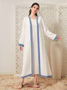 Al Najma Contrast Trim Open Front Abaya - Blue and White - View 1