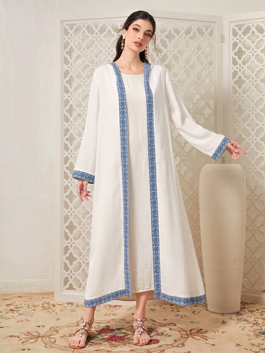 Al Najma Contrast Trim Open Front Abaya - Blue and White - View 1
