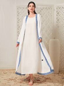 Al Najma Contrast Trim Open Front Abaya - Blue and White - View 3