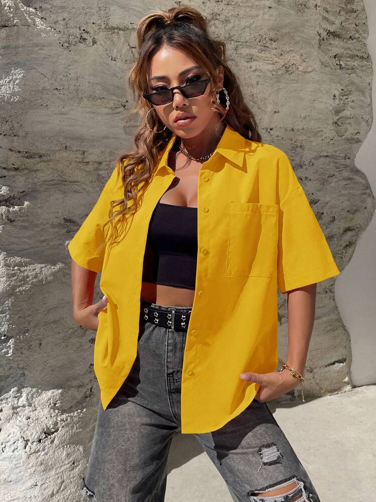 SHEIN Unity Camisa unicolor de hombros caídos con botón delantero - Amarillo - Añade 1
