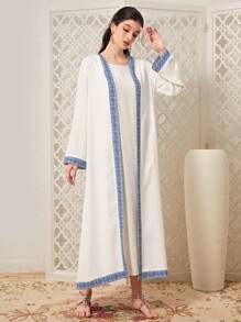 Al Najma Contrast Trim Open Front Abaya - Blue and White - View 4