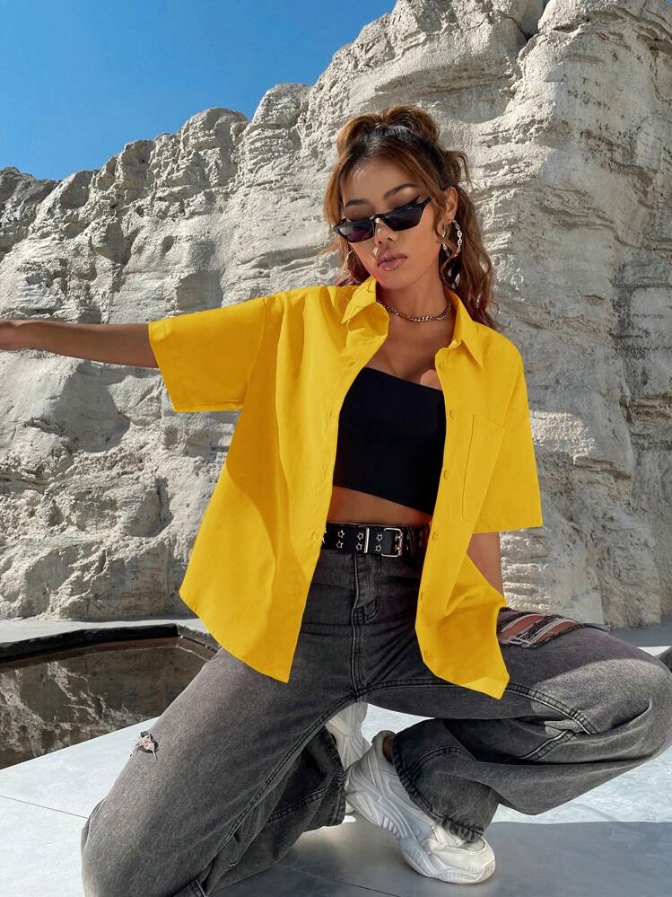 SHEIN Unity Camisa unicolor de hombros caídos con botón delantero - Amarillo - Añade 4