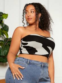 SHEIN CURVE+ Plus Two Tone Crop Tube Knit Top - Black and White - View 6