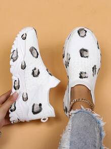 運動跑步鞋適用於女士豹紋圖案前綁帶運動鞋 - 白色 - 查看 1