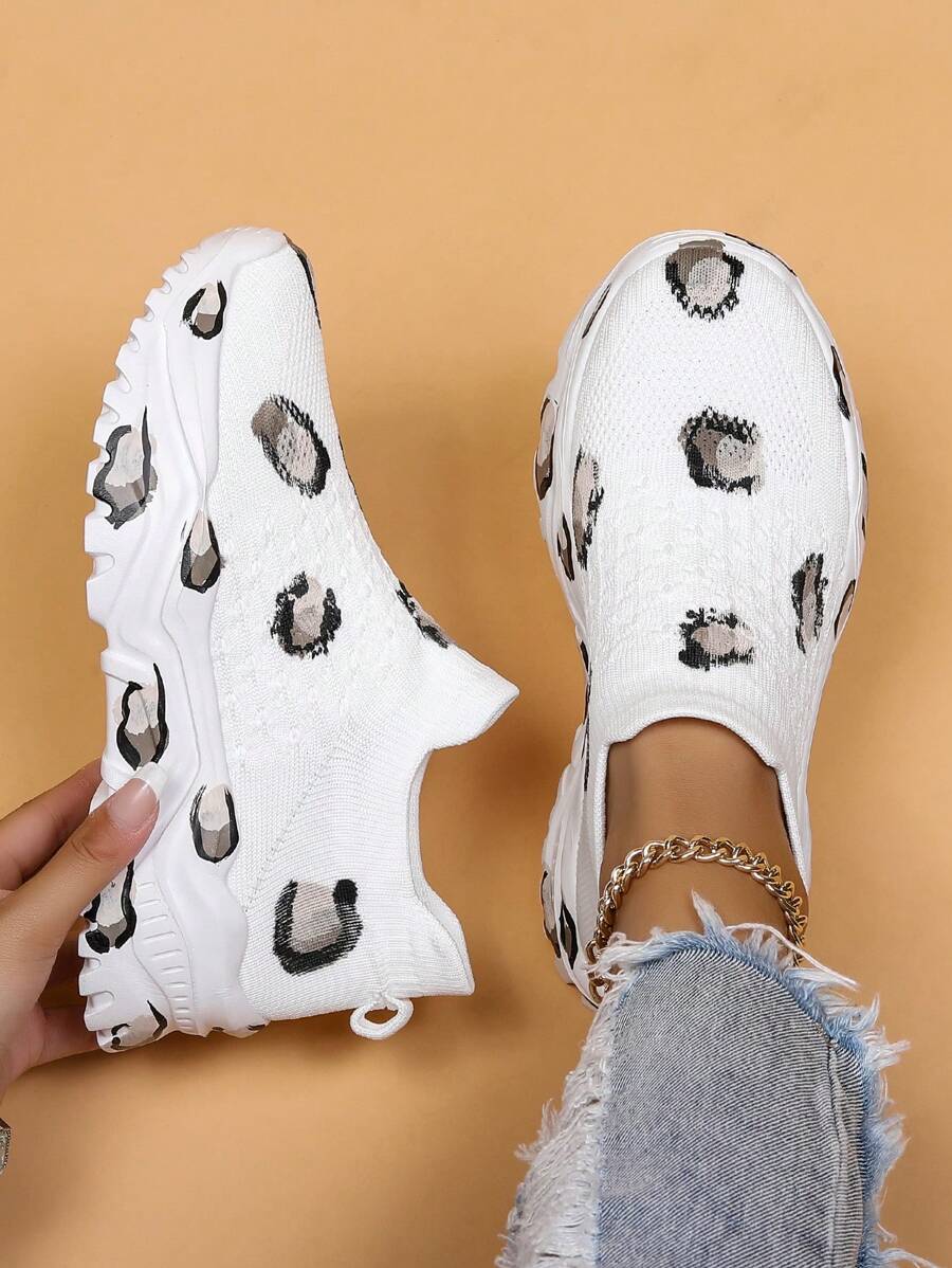 運動跑步鞋適用於女士豹紋圖案前綁帶運動鞋 - 白色 - 查看 1