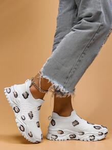 運動跑步鞋適用於女士豹紋圖案前綁帶運動鞋 - 白色 - 查看 4