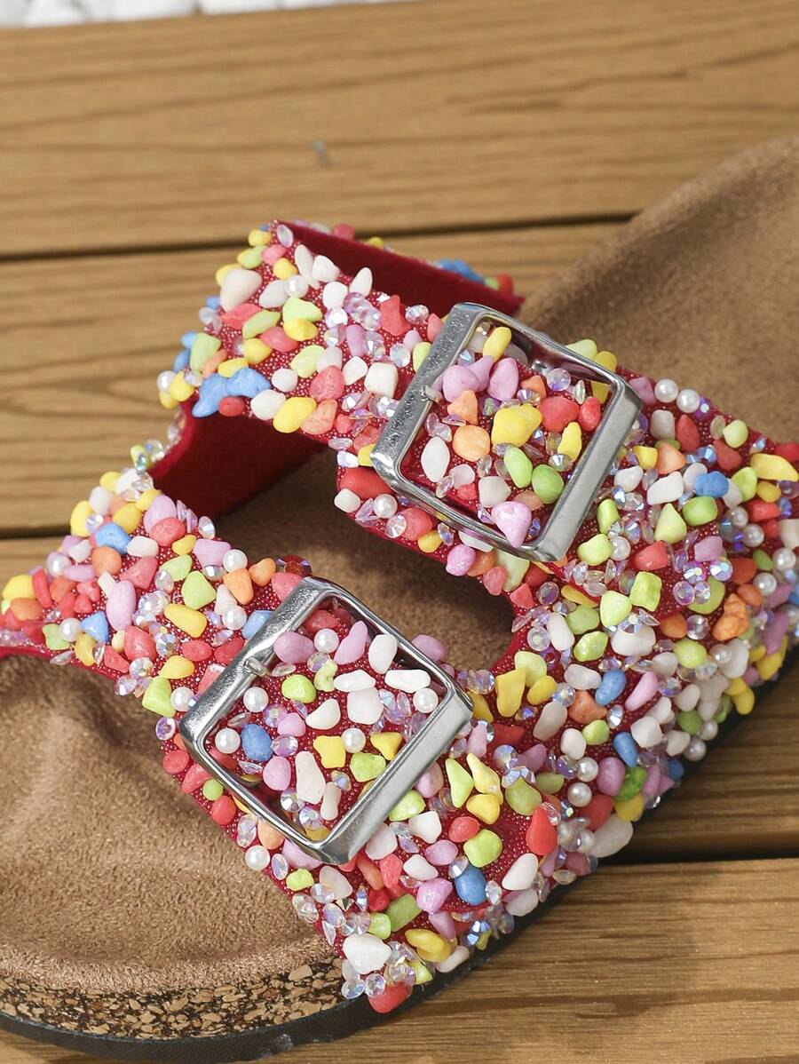 roulvxiang 時尚包趾涼鞋適用於女士撞色搭扣裝飾平底涼鞋 - 彩色 - 查看 1