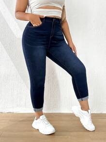 SHEIN Essnce Plus High Waist Roll Up Hem Skinny Jeans - Dark Wash - View 1