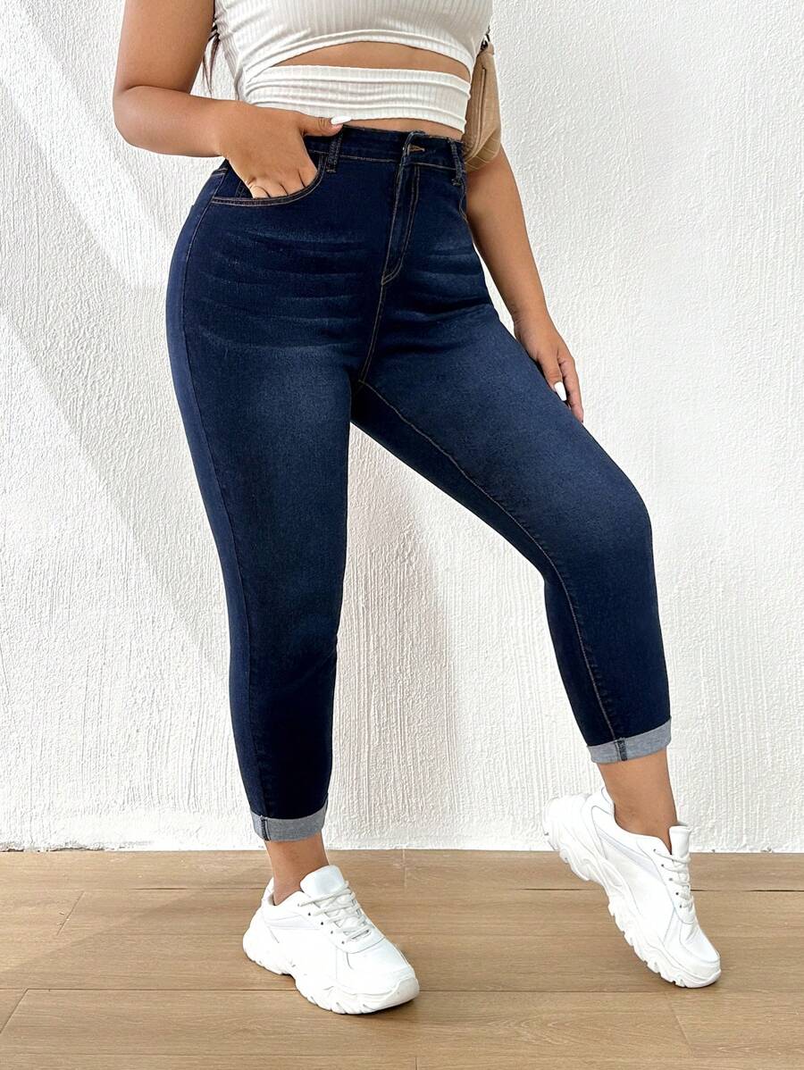 SHEIN Essnce Plus High Waist Roll Up Hem Skinny Jeans - Dark Wash - View 1