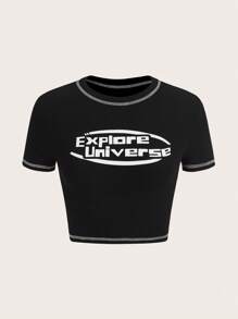 SHEIN ICON 字母圖案頂針短款T恤 - 黑色 - 查看 1