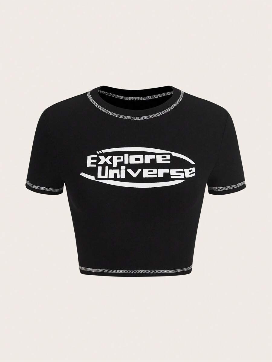 SHEIN ICON 字母圖案頂針短款T恤 - 黑色 - 查看 1