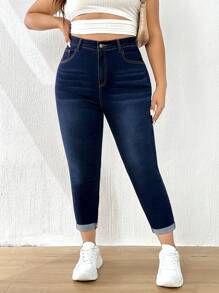 SHEIN Essnce Plus High Waist Roll Up Hem Skinny Jeans - Dark Wash - View 4