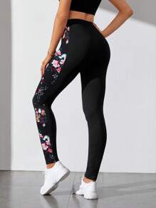 SHEIN Tall 印花彈性腰帶緊身打底褲 - 黑色 - 查看 2