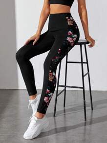 SHEIN Tall 印花彈性腰帶緊身打底褲 - 黑色 - 查看 4