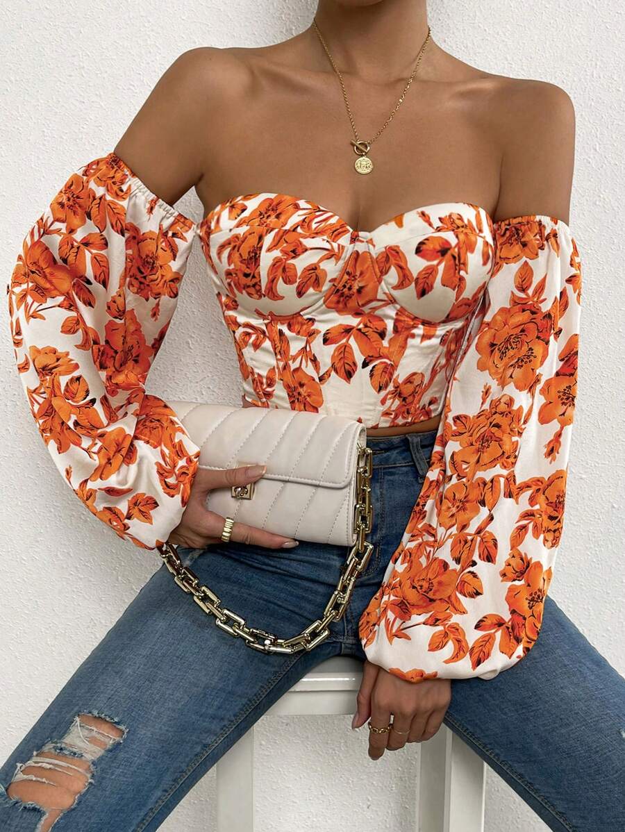 Chiquease Floral Print Off Shoulder Lantern Sleeve Bustier Crop Top - White - View 1